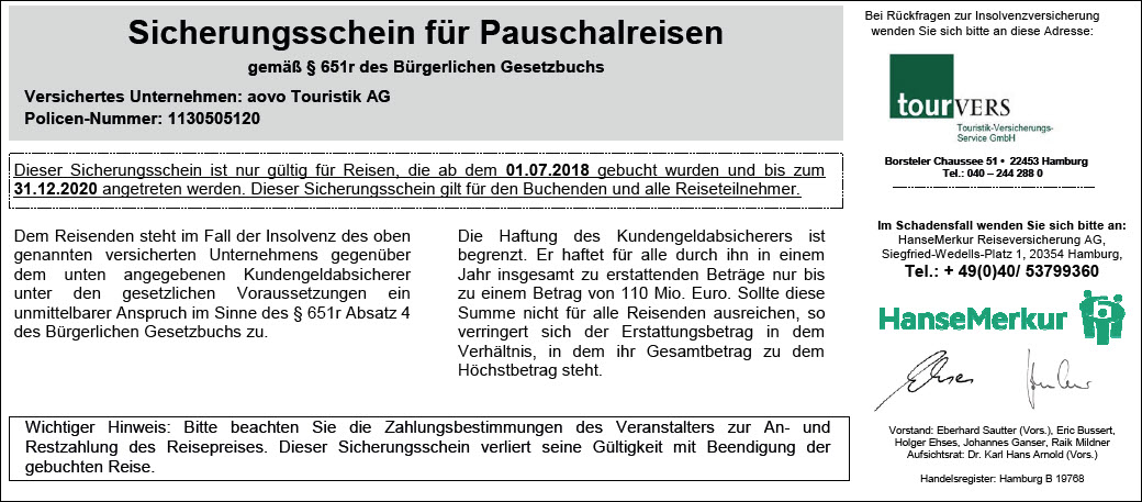 Sicherungsschein für Pauschalreisen