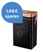 Kaffeedose Black Edition mit Hinweis auf Preisvorteil von 1,98 €
