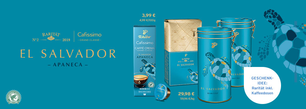 Packshot Rarität Filterkaffee + 2 Kaffeedosen und Packshot Grand Classé Cafissimo Kapseln