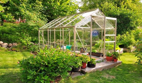 Ein Gartenhaus wird von der Sonne beschienen.