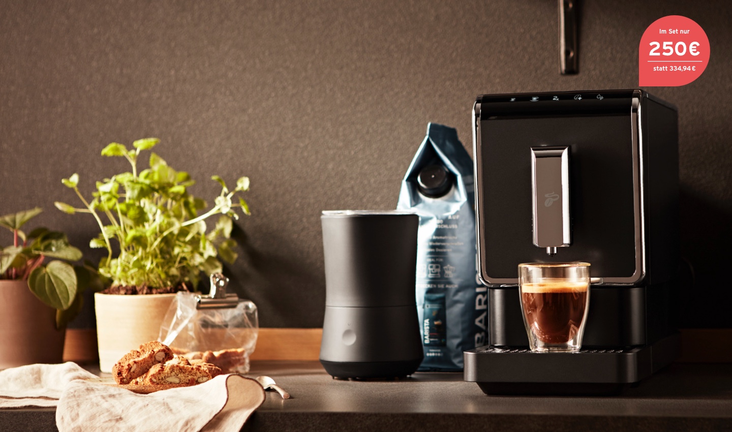 Esperto Caffè Anthrazit, elektrischer Milchaufschäumer in schwarz und 1 kg BARISTA Caffè Crema