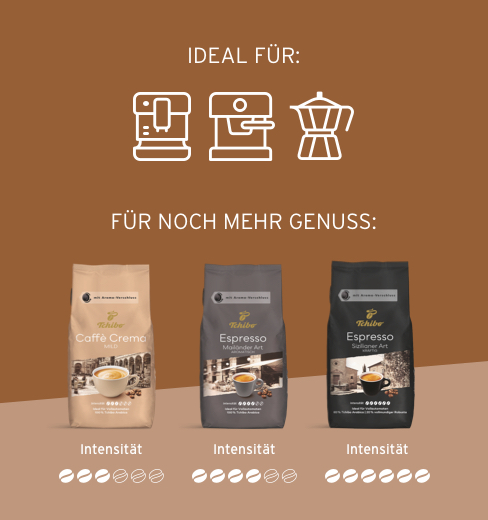 Genießen Sie eine ganz besondere Auswahl an Kaffeespezialitäten für Ihren Vollautomaten: sorgsam zusammengestellt aus sonnenverwöhnten Kafeebohnen, geerntet in den besten Anbaugebeten der Welt.
Sortenrein geröstet von unseren erfahrenen Röstmeistern – und mit viel Fingerspitzengefühl komponiert.
Das ist der unvergleichliche Tchibo Geschmack: vom milden Caffè Crema bis zum kräftigen Espresso.