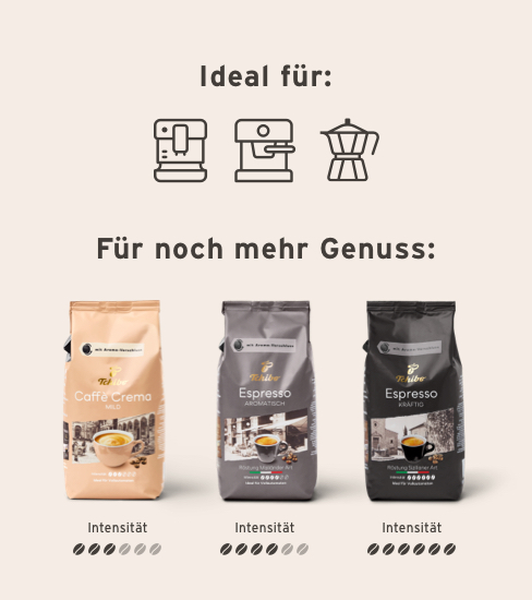 Genießen Sie eine ganz besondere Auswahl an Kaffeespezialitäten für Ihren Vollautomaten: sorgsam zusammengestellt aus sonnenverwöhnten Kafeebohnen, geerntet in den besten Anbaugebeten der Welt.
Sortenrein geröstet von unseren erfahrenen Röstmeistern – und mit viel Fingerspitzengefühl komponiert.
Das ist der unvergleichliche Tchibo Geschmack: vom milden Caffè Crema bis zum kräftigen Espresso.
