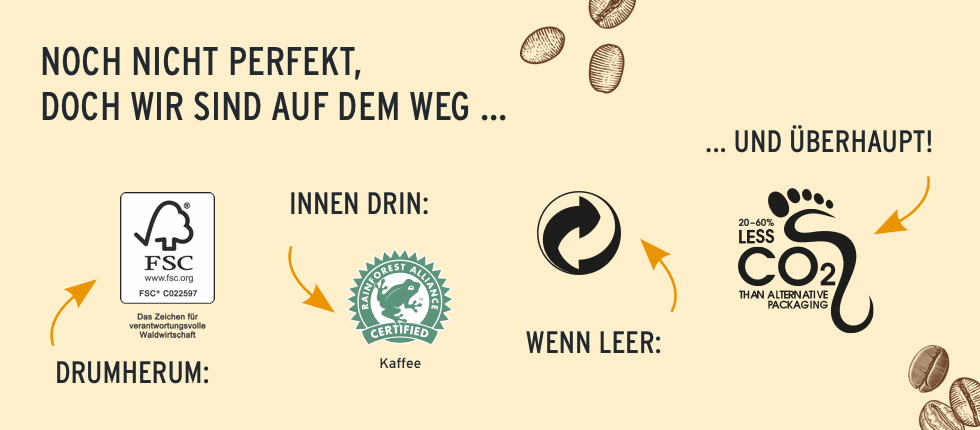 Unsere Cold Brew Coffees sind nicht nur lecker, sondern auch zu 100% aus natürlichen Zutaten!
Die Sorte „Cassis Flavoured“ ist vegan, die Milch der Sorte „Salted Caramel Latte“ stammt von Bergbauern. Unsere Arabica-Bohnen kommen von Rainforest Alliance zertifizierten Farmen. Das heißt: Der Kaffee wurde auf ökologisch und sozial verträgliche Weise angebaut und geerntet.
Auch die Verpackung überzeugt, denn die Cartocans bestehen zu über 60% aus nachwachsenden Rohstoffen.
