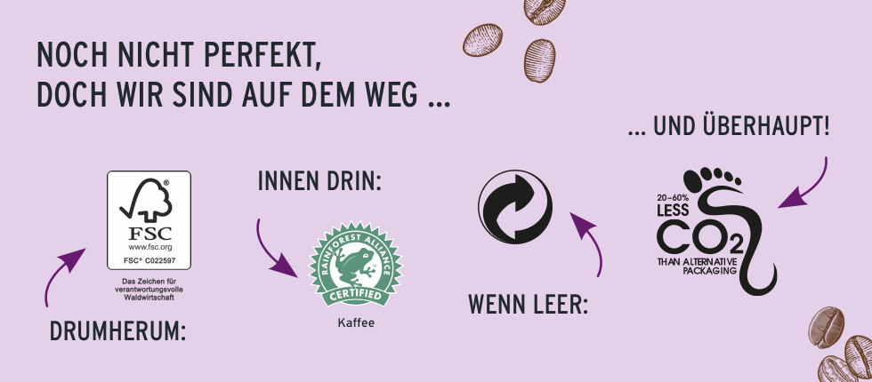 Unsere Cold Brew Coffees sind nicht nur lecker, sondern auch zu 100% aus natürlichen Zutaten!
Die Sorte „Cassis Flavoured“ ist vegan, die Milch der Sorte „Salted Caramel Latte“ stammt von Bergbauern. Unsere Arabica-Bohnen kommen von Rainforest Alliance zertifizierten Farmen. Das heißt: Der Kaffee wurde auf ökologisch und sozial verträgliche Weise angebaut und geerntet.
Auch die Verpackung überzeugt, denn die Cartocans bestehen zu über 60% aus nachwachsenden Rohstoffen.